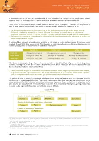 Manual para elaborar planes de Bionegocios
42
Si bien en esta sección se describe de manera teórica, tanto en las hojas de trabajo como en el documento final se
habla del producto o servicio debido a que se analiza de acuerdo con el sub-capítulo desarrollado.
Es necesario recordar que el producto debe venderse a través de un «
concepto»
.56
La descripción del producto o
servicio debe darse en función a las características del mercado y a las especificaciones técnicas.
La definición del producto debe considerar los atributos y características del bien o servicio:
El beneficio principal del producto central. Además, debe tomar en cuenta aspectos de marca,
empaque, etiquetas, diseño, calidad, garantía, crédito, servicios de instalación y servicios post-venta.
Es importante considerar y mencionar las labores de investigación y desarrollo, y tramitar su protección
intelectual para evitar plagios.
El precio del bien o servicio se establece en función a su estructura de costos o a la estrategia de mercado como
resultado de un análisis de la competencia. A continuación se presenta una tabla de posibles combinaciones entre
calidad y precio para el establecimiento de probables estrategias57
.
56
Por ejemplo, una empresa productora de zapatos no vende únicamente calzado, sino algo que va más allá de las características físicas del producto.
Podría vender «
suavidad»
, «
confort»
, cuidado de sus pies, consentirse a uno mismo, etc.
57
Kotler et al. 2000. Dirección de marketing, pág. 509.
58
Por ejemplo 1.99, 19.99 ó 99.99.
59
Precio por docena, por ciento.
60
Se trata de una táctica que suele utilizarse para subir los precios y aumentar márgenes de ganancia en épocas de escasez del producto o cuando se prevé escasez
de alguno de los insumos. El objetivo es obtener el máximo excedente del consumidor.
61
Tal es el caso de las empresas que tienen representantes «
exclusivos»
en el país.
Además de las estrategias de precio mencionadas, también es posible utilizar algunas tácticas de precio,
como los psicológicos,58
con descuento59
y de discriminación60
. Estas estrategias dependerán de la condición
del cliente (intermediario o consumidor final).
La decisión final del precio está en función de la estructura de costos, la percepción que se tiene del bien,
su posicionamiento, el poder adquisitivo del cliente, la intensidad de la necesidad insatisfecha, la promo-
ción, la competencia de bienes sustitutos y la presencia de competidores directos.
En cuanto a la plaza, o canales de distribución, éstos pueden ser desde el productor hasta el consumidor, pasando
por el agente, el mayorista y el minorista. Esta repartición podría ser «
intensiva»
, en cuyo caso se utilizarían, todos
los canales de distribución; «
selectiva»
si se utilizan únicamente algunos de ellos y «
exclusiva»
si se utiliza solo uno61
.
Cabe señalar que es sumamente importante hacer un análisis de la ubicación de la empresa, pues para algunos
negocios podría representar la ventaja competitiva o la clave del éxito.
Cuadro N° 10
Canales de Distribución
Estrategia de robo
Estrategia de falsa economía
Estrategia de economía
Calidad bajaCalidad bajaCalidad bajaCalidad bajaCalidad bajaCalidad mediaCalidad mediaCalidad mediaCalidad mediaCalidad media
Estrategia de margen excesivo
Estrategia de valor medio
Estrategia de buen valor
Estrategia de recompensa
Estrategia de calidad alta
Estrategia de súper valor
Calidad altaCalidad altaCalidad altaCalidad altaCalidad alta
PrPrPrPrPrecio altoecio altoecio altoecio altoecio alto
PrPrPrPrPrecio bajoecio bajoecio bajoecio bajoecio bajo
PrPrPrPrPrecio medioecio medioecio medioecio medioecio medio
EL PLAN DE BIONEGOCIOS
MANUAL PARA LA ELABORACIÓN DE PLANES DE BIONEGOCIOS
 