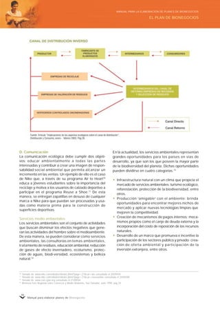 Manual para elaborar planes de Bionegocios
46
D. Comunicación
La comunicación ecológica debe cumplir dos objeti-
vos: educar ambientalmente a todas las partes
interesadas y contribuir a crear una imagen de respon-
sabilidad social ambiental que permita alcanzar un
incremento en las ventas. Un ejemplo de ello es el caso
de Nike que, a través de su programa Air to Heart70
educa a jóvenes estudiantes sobre la importancia del
reciclaje y motiva a los usuarios de calzado deportivo a
participar en el programa Reuse a Shoe.71
De esta
manera, se entregan zapatillas en desuso de cualquier
marca a Nike para que puedan ser procesadas y usa-
das como materia prima para la construcción de
superficies deportivas.
Servicios medio ambientales
Los servicios ambientales son el conjunto de actividades
que buscan disminuir los efectos negativos que gene-
ran las actividades del hombre sobre el medioambiente.
De esta manera, se pueden considerar como servicios
ambientales, las consultorías en temas ambientales,
tratamiento de residuos, educación ambiental, reducción
de gases de efecto invernadero, ecoturismo, protec-
ción de aguas, biodi-versidad, ecosistemas y belleza
natural.72
En la actualidad, los servicios ambientales representan
grandes oportunidades para los países en vías de
desarrollo, ya que son los que poseen la mayor parte
de la biodiversidad del planeta. Dichas oportunidades
pueden dividirse en cuatro categorías.73
• Infraestructura natural con un clima que propicia el
mercado de servicios ambientales: turismo ecológico,
reforestación, protección de la biodiversidad, entre
otros.
• Producción «
amigable»
con el ambiente: brinda
oportunidades para encontrar mejores nichos de
mercado y aplicar nuevas tecnologías limpias que
mejoren la competitividad.
• Creación de mecanismos de pagos internos: meca-
nismos propios como el canje de deuda externa y la
incorporación del costo de reposición de los recursos
naturales.
• Desarrollo de un marco que promueva e incentive la
participación de los sectores público y privado: crea-
ción de oferta ambiental y participación de la
inversión extranjera, entre otros.
70
Tomado de: www.nike.com/nikebiz/nikebiz.jhtml?page=27&cat=ate consultado el 20/09/04.
71
Tomado de: www.nike.com/nikebiz/nikebiz.jhtml?page=27&cat=reuseashoe consultado el 20/09/04.
72
Tomado de: www.ciat.cgiar.org consultado el 21/09/04.
73
Memoria Foro Regional sobre Comercio y Medio Ambiente, San Salvador, Julio 1999, pág 35.
EL PLAN DE BIONEGOCIOS
MANUAL PARA LA ELABORACIÓN DE PLANES DE BIONEGOCIOS
 