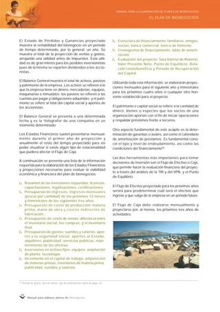 Manual para elaborar planes de Bionegocios
60
El Estado de Pérdidas y Ganancias proyectado
muestra la rentabilidad del bionegocio en un periodo
de tiempo determinado, por lo general, un año. Se
muestra el total de la proyección de ventas y gastos,
arrojando una utilidad antes de impuestos. Esta utili-
dad es de gran interés para los posibles inversionistas
pues de la misma se reparten dividendos a los accio-
nistas.
El Balance General muestra el total de activos, pasivos
y patrimonio de la empresa. Los activos se refieren a lo
que la empresa tiene en dinero, mercaderías, equipos,
maquinarias e inmuebles; los pasivos se refieren a las
cuentas por pagar y obligaciones adquiridas; y el patri-
monio se refiere al total del capital social y aportes de
los accionistas.
El Balance General se presenta a una determinada
fecha y es la «
fotografía»
de una compañía en un
momento determinado.
Los Estados Financieros suelen presentarse mensual-
mente durante el primer año de proyección y
anualmente el resto del tiempo proyectado para así
poder visualizar si existe algún tipo de estacionalidad
que pudiera afectar el Flujo de Caja.
A continuación se presenta una lista de la información
requerida para la elaboración de los Estados Financieros
y proyecciones necesarias para evaluar la viabilidad
económica y financiera del plan de bionegocios:
Resumen de las inversiones requeridas: licencias,
capacitaciones, legalizaciones, certificaciones.
Presupuesto de ingresos: ingresos mensuales
(precio por cantidad) de los próximos 12 meses
y trimestrales de los siguientes tres años.
Presupuesto de costo de producción: materia
prima, mano de obra y costos indirectos de
fabricación.
Presupuesto de costo de ventas: diferencia entre
el inventario inicial, las compras, y el inventario
final.
Presupuesto de gastos: sueldos y salarios, apor-
tes a la seguridad social, aportes al Estado,
alquileres, publicidad, servicios públicos, man-
tenimiento de las oficinas.
Inversiones en activos fijos: equipos, ampliación
de planta, tecnología.
Incremento en el capital de trabajo: adquisición
de materias primas, inventarios de materia prima,
publicidad, sueldos y salarios.
Estructura de financiamiento: familiares, amigos,
socios, banca comercial, banca de fomento.
Cronograma de financiamiento: tabla de amorti-
zación.
Evaluación del proyecto: Tasa Interna de Retorno,
Valor Presente Neto, Punto de Equilibrio, Rela-
ción costo/beneficio y Periodo de Recuperación
del Capital.
Utilizando toda esta información, se elaborarán proyec-
ciones mensuales para el siguiente año y trimestrales
para los próximos cuatro años o cualquier otro hori-
zonte establecido para el proyecto.
El patrimonio o capital social se refiere a la cantidad de
dinero, bienes o especies que los socios de una
organización aportan con el fin de iniciar operaciones
y respaldar préstamos frente a terceros.
Otro aspecto fundamental de este acápite es la deter-
minación de garantías o avales, así como el calendario
de amortización de préstamos. Es fundamental cono-
cer el tipo y nivel de endeudamiento, así como las
condiciones del financiamiento90
.
Las dos herramientas más importantes para tomar
decisiones de inversión son el Flujo de Efectivo o Caja,
que permite hacer la evaluación financiera del proyec-
to a través del análisis de la TIR y del VPN, y el Punto
de Equilibrio.
El Flujo de Efectivo proyectado para los próximos años
servirá para predeterminar cuál será el efectivo que
ingrese y que salga de la empresa en un periodo futuro.
El Flujo de Caja debe realizarse mensualmente y
proyectarse por, al menos, los próximos tres años de
actividades.
90
Periodo de gracia, tasa de interés, tipo de amortización, plazo de pago, etc.
EL PLAN DE BIONEGOCIOS
MANUAL PARA LA ELABORACIÓN DE PLANES DE BIONEGOCIOS
 