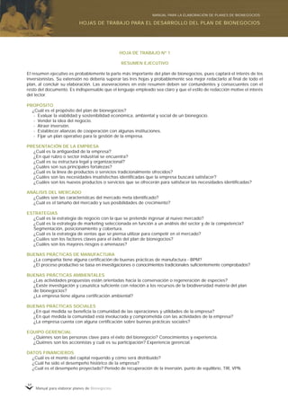 Manual para elaborar planes de Bionegocios
64
HOJA DE TRABAJO Nº 1
RESUMEN EJECUTIVO
El resumen ejecutivo es probablemente la parte más importante del plan de bionegocios, pues captará el interés de los
inversionistas. Su extensión no debería superar las tres hojas y probablemente sea mejor redactarlo al final de todo el
plan, al concluir su elaboración. Las aseveraciones en este resumen deben ser contundentes y consecuentes con el
resto del documento. Es indispensable que el lenguaje empleado sea claro y que el estilo de redacción motive el interés
del lector.
PROPÓSITO
¿Cuál es el propósito del plan de bionegocios?
- Evaluar la viabilidad y sostenibilidad económica, ambiental y social de un bionegocio.
- Vender la idea del negocio.
- Atraer inversión.
- Establecer alianzas de cooperación con algunas instituciones.
- Fijar un plan operativo para la gestión de la empresa.
PRESENTACIÓN DE LA EMPRESA
¿Cuál es la antigüedad de la empresa?
¿En qué rubro o sector industrial se encuentra?
¿Cuál es su estructura legal y organizacional?
¿Cuáles son sus principales fortalezas?
¿Cuál es la línea de productos o servicios tradicionalmente ofrecidos?
¿Cuáles son las necesidades insatisfechas identificadas que la empresa buscará satisfacer?
¿Cuáles son los nuevos productos o servicios que se ofrecerán para satisfacer las necesidades identificadas?
ANÁLISIS DEL MERCADO
¿Cuáles son las características del mercado meta identificado?
¿Cuál es el tamaño del mercado y sus posibilidades de crecimiento?
ESTRATEGIAS
¿Cuál es la estrategia de negocio con la que se pretende ingresar al nuevo mercado?
¿Cuál es la estrategia de marketing seleccionada en función a un análisis del sector y de la competencia?
Segmentación, posicionamiento y cobertura.
¿Cuál es la estrategia de ventas que se piensa utilizar para competir en el mercado?
¿Cuáles son los factores claves para el éxito del plan de bionegocios?
¿Cuáles son los mayores riesgos o amenazas?
BUENAS PRÁCTICAS DE MANUFACTURA
¿La compañía tiene alguna certificación de buenas prácticas de manufactura - BPM?
¿El proceso productivo se basa en investigaciones o conocimientos tradicionales suficientemente comprobados?
BUENAS PRÁCTICAS AMBIENTALES
¿Las actividades propuestas están orientadas hacia la conservación o regeneración de especies?
¿Existe investigación y casuística suficiente con relación a los recursos de la biodiversidad materia del plan
de bionegocios?
¿La empresa tiene alguna certificación ambiental?
BUENAS PRÁCTICAS SOCIALES
¿En qué medida se beneficia la comunidad de las operaciones y utilidades de la empresa?
¿En qué medida la comunidad está involucrada y comprometida con las actividades de la empresa?
¿La empresa cuenta con alguna certificación sobre buenas prácticas sociales?
EQUIPO GERENCIAL
¿Quiénes son las personas clave para el éxito del bionegocio? Conocimientos y experiencia.
¿Quiénes son los accionistas y cuál es su participación? Experiencia gerencial.
DATOS FINANCIEROS
¿Cuál es el monto del capital requerido y cómo será distribuido?
¿Cuál ha sido el desempeño histórico de la empresa?
¿Cuál es el desempeño proyectado? Periodo de recuperación de la inversión, punto de equilibrio, TIR, VPN.
HOJAS DE TRABAJO PARA EL DESARROLLO DEL PLAN DE BIONEGOCIOS
MANUAL PARA LA ELABORACIÓN DE PLANES DE BIONEGOCIOS
 