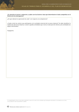 Manual para elaborar planes de Bionegocios
68
¿Es atractivo el sector o subsector y cuáles son los factores clave que determinarán el éxito competitivo en el
entorno de los bionegocios?
¿En qué radicará la «
generación de valor»
con respecto a la competencia?
¿Cuáles serán los actores que participarán en la actividad comercial de la nueva empresa? Se debe identificar la
cadena de valor de la empresa, es decir, aquellas actividades que crean un valor para los clientes y las actividades de
apoyo relacionadas2
.
Flujograma.
2
La competitividad de costos de una empresa depende no solo de los costos de las actividades que desempeñan internamente, sino también de los costos
en las cadenas de valor de proveedores y aliados.
HOJAS DE TRABAJO PARA EL DESARROLLO DEL PLAN DE BIONEGOCIOS
MANUAL PARA LA ELABORACIÓN DE PLANES DE BIONEGOCIOS
 