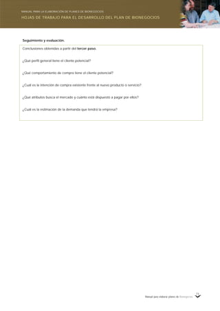 Manual para elaborar planes de Bionegocios
73
Seguimiento y evaluación.
Conclusiones obtenidas a partir del tercer paso.
¿Qué perfil general tiene el cliente potencial?
¿Qué comportamiento de compra tiene el cliente potencial?
¿Cuál es la intención de compra existente frente al nuevo producto o servicio?
¿Qué atributos busca el mercado y cuánto está dispuesto a pagar por ellos?
¿Cuál es la estimación de la demanda que tendrá la empresa?
HOJAS DE TRABAJO PARA EL DESARROLLO DEL PLAN DE BIONEGOCIOS
MANUAL PARA LA ELABORACIÓN DE PLANES DE BIONEGOCIOS
 