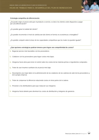 Manual para elaborar planes de Bionegocios
77
Estrategia competitiva de diferenciación.
¿Se puede exigir un precio extra por el producto o servicio, es decir, los clientes están dispuestos a pagar
por una diferenciación?
¿Es posible ganar la lealtad del cliente?
¿Es posible incrementar el nivel de satisfacción del cliente en formas no económicas o intangibles?
¿Es posible competir sobre la base de las capacidades competitivas que los rivales no pueden igualar?
¿Qué opciones estratégicas podrían tomarse para lograr una competitividad de costos?
Negociar precios más favorables con los proveedores.
Colaborar con los proveedores para lograr costos más bajos.
Integrarse hacia atrás para tener el control sobre los costos de las materias primas o ingredientes comprados.
Tratar de usar insumos sustitutos de un precio más bajo.
Desempeñar una mejor labor en la administración de los eslabones de las cadenas de valor de los proveedores y
de la propia empresa.
Tratar de compensar la diferencia reduciendo costos en otras partes de la cadena.
Presionar a los distribuidores para que reduzcan sus márgenes.
Integrarse hacia delante para disminuir los costos de distribución y márgenes de ganancia.
HOJAS DE TRABAJO PARA EL DESARROLLO DEL PLAN DE BIONEGOCIOS
MANUAL PARA LA ELABORACIÓN DE PLANES DE BIONEGOCIOS
 