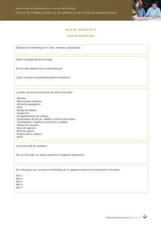 Manual para elaborar planes de Bionegocios
79
HOJA DE TRABAJO Nº 8
PLAN DE MARKETING
Objetivos de marketing en el corto, mediano y largo plazo.
Definir la población del mercado.
El mercado objetivo está conformado por:
¿Qué mercados secundarios podrían atenderse?
¿Cuáles son las características de dicho mercado?
Tamaño.
Nivel socioeconómico.
Ubicación geográfica.
Sexo.
Rango de edades.
Ocupación.
Comportamiento de compra.
Expectativas de precio, calidad y servicio post-venta.
Sensibilidad a cambios en el precio y calidad.
Hábito de consumo.
Nivel de ingresos.
Nivel de gastos.
Proyecciones a futuro.
Otros.
Consumo total de unidades.
De ese mercado, se espera satisfacer la siguiente proporción:
Se estima que ese consumo se distribuirá de la siguiente manera en los próximos cinco años:
Año 1
Año 2
Año 3
Año 4
Año 5
HOJAS DE TRABAJO PARA EL DESARROLLO DEL PLAN DE BIONEGOCIOS
MANUAL PARA LA ELABORACIÓN DE PLANES DE BIONEGOCIOS
 