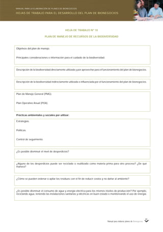 Manual para elaborar planes de Bionegocios
85
HOJA DE TRABAJO Nº 10
PLAN DE MANEJO DE RECURSOS DE LA BIODIVERSIDAD
Objetivos del plan de manejo.
Principales consideraciones e información para el cuidado de la biodiversidad.
Descripción de la biodiversidad directamente utilizada y por aprovechar para el funcionamiento del plan de bionegocios.
Descripción de la biodiversidad indirectamente utilizada o influenciada por el funcionamiento del plan de bionegocios.
Plan de Manejo General (PMG).
Plan Operativo Anual (POA).
Prácticas ambientales y sociales por utilizar:
Estrategias.
Políticas.
Control de seguimiento.
¿Es posible disminuir el nivel de desperdicios?
¿Alguno de los desperdicios puede ser reciclado o reutilizado como materia prima para otro proceso? ¿De qué
manera?
¿Cómo se pueden ordenar o apilar los residuos con el fin de reducir costos y no dañar al ambiente?
¿Es posible disminuir el consumo de agua y energía eléctrica para los mismos niveles de producción? Por ejemplo,
reciclando agua, teniendo las instalaciones sanitarias y eléctricas en buen estado o monitoreando el uso de energía.
HOJAS DE TRABAJO PARA EL DESARROLLO DEL PLAN DE BIONEGOCIOS
MANUAL PARA LA ELABORACIÓN DE PLANES DE BIONEGOCIOS
 