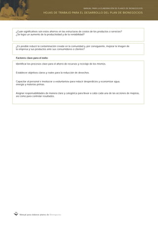 Manual para elaborar planes de Bionegocios
86
¿Cuán significativos son estos ahorros en las estructuras de costos de los productos o servicios?
¿Se logra un aumento de la productividad y de la rentabilidad?
¿Es posible reducir la contaminación creada en la comunidad y, por consiguiente, mejorar la imagen de
la empresa y sus productos ante sus consumidores o clientes?
Factores clave para el éxito:
Identificar los procesos clave para el ahorro de recursos y reciclaje de los mismos.
Establecer objetivos claros y reales para la reducción de desechos.
Capacitar al personal e involucrar a «voluntarios» para reducir desperdicios y economizar agua,
energía y materias primas.
Asignar responsabilidades de manera clara y categórica para llevar a cabo cada una de las acciones de mejoras,
así como para controlar resultados.
HOJAS DE TRABAJO PARA EL DESARROLLO DEL PLAN DE BIONEGOCIOS
MANUAL PARA LA ELABORACIÓN DE PLANES DE BIONEGOCIOS
 