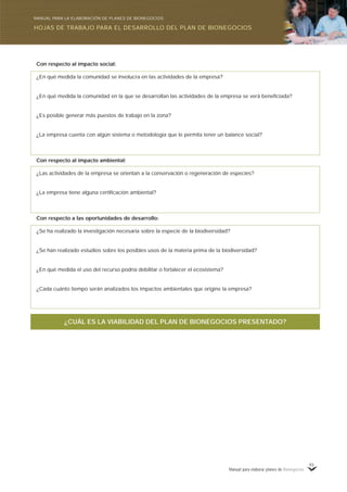 Manual para elaborar planes de Bionegocios
93
Con respecto al impacto social:
¿En qué medida la comunidad se involucra en las actividades de la empresa?
¿En qué medida la comunidad en la que se desarrollan las actividades de la empresa se verá beneficiada?
¿Es posible generar más puestos de trabajo en la zona?
¿La empresa cuenta con algún sistema o metodología que le permita tener un balance social?
Con respecto al impacto ambiental:
¿Las actividades de la empresa se orientan a la conservación o regeneración de especies?
¿La empresa tiene alguna certificación ambiental?
Con respecto a las oportunidades de desarrollo:
¿Se ha realizado la investigación necesaria sobre la especie de la biodiversidad?
¿Se han realizado estudios sobre los posibles usos de la materia prima de la biodiversidad?
¿En qué medida el uso del recurso podría debilitar o fortalecer el ecosistema?
¿Cada cuánto tiempo serán analizados los impactos ambientales que origine la empresa?
¿CUÁL ES LA VIABILIDAD DEL PLAN DE BIONEGOCIOS PRESENTADO?
HOJAS DE TRABAJO PARA EL DESARROLLO DEL PLAN DE BIONEGOCIOS
MANUAL PARA LA ELABORACIÓN DE PLANES DE BIONEGOCIOS
 