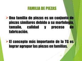 22
FAMILIA DE PIEZAS
Una familia de piezas es un conjunto de
piezas similares debido a su morfología,
tamaño, calidad y proceso de
fabricación.
El concepto más importante de la TG es
lograr agrupar las piezas en familias.
 