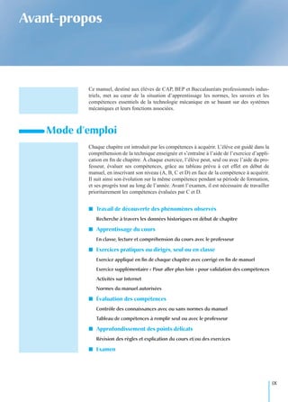 IX
Avant-propos
Ce manuel, destiné aux élèves de CAP, BEP et Baccalauréats professionnels indus-
triels, met au cœur de la situation d’apprentissage les normes, les savoirs et les
compétences essentiels de la technologie mécanique en se basant sur des systèmes
mécaniques et leurs fonctions associées.
Chaque chapitre est introduit par les compétences à acquérir. L’élève est guidé dans la
compréhension de la technique enseignée et s’entraîne à l’aide de l’exercice d’appli-
cation en ﬁn de chapitre. À chaque exercice, l’élève peut, seul ou avec l’aide du pro-
fesseur, évaluer ses compétences, grâce au tableau prévu à cet effet en début de
manuel, en inscrivant son niveau (A, B, C et D) en face de la compétence à acquérir.
Il suit ainsi son évolution sur la même compétence pendant sa période de formation,
et ses progrès tout au long de l’année. Avant l’examen, il est nécessaire de travailler
prioritairement les compétences évaluées par C et D.
I Travail de découverte des phénomènes observés
Recherche à travers les données historiques en début de chapitre
I Apprentissage du cours
En classe, lecture et compréhension du cours avec le professeur
I Exercices pratiques ou dirigés, seul ou en classe
Exercice appliqué en ﬁn de chaque chapitre avec corrigé en ﬁn de manuel
Exercice supplémentaire « Pour aller plus loin » pour validation des compétences
Activités sur Internet
Normes du manuel autorisées
I Évaluation des compétences
Contrôle des connaissances avec ou sans normes du manuel
Tableau de compétences à remplir seul ou avec le professeur
I Approfondissement des points délicats
Révision des règles et explication du cours et/ou des exercices
I Examen
Mode d’emploi
 