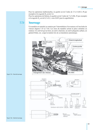 7.7 • Usinage
91
Pour les opérations traditionnelles, la qualité est de l’ordre de 13 à 8 (H13, f9 par
exemple) et la rugosité Ra est de 1,6.
Pour les opérations de ﬁnition, la qualité est de l’ordre de 7 à 5 (H6, f5 par exemple)
et la rugosité Ra est de 0,2 à 0,1, voire 0,025 pour la superﬁnition.
7.7.1 Tournage
Un mandrin est entraîné en rotation par l’intermédiaire d’un moteur et d’une boîte de
vitesses (ﬁgures 7.35 et 7.36). Les mors du mandrin serrent la pièce entraînée en
rotation. Un outil tel qu’un foret, un outil à charioter, un outil à plaquette carbure, en
général frittée, etc. coupe la matière lors de sa translation automatique.
Figure 7.35 – Poste de tournage.
Figure 7.36 – Outils de tournage.
 