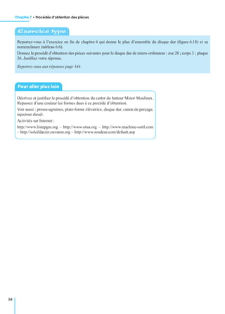 Chapitre 7 • Procédés d’obtention des pièces
94
Reportez-vous à l’exercice en ﬁn de chapitre 6 qui donne le plan d’ensemble du disque dur (ﬁgure 6.18) et sa
nomenclature (tableau 6.6).
Donnez le procédé d’obtention des pièces suivantes pour le disque dur de micro-ordinateur : axe 28 ; corps 3 ; plaque
36. Justiﬁez votre réponse.
Reportez-vous aux réponses page 344.
Décrivez et justiﬁez le procédé d’obtention du carter du batteur Minor Moulinex.
Repassez d’une couleur les formes dues à ce procédé d’obtention.
Voir aussi : presse-agrumes, plate-forme élévatrice, disque dur, canon de perçage,
injecteur diesel.
Activités sur Internet :
http://www.listepgm.org – http://www.otua.org – http://www.machine-outil.com
– http://soleildacier.ouvaton.org – http://www.soudeur.com/default.asp
Exercice type
Pour aller plus loin
 
