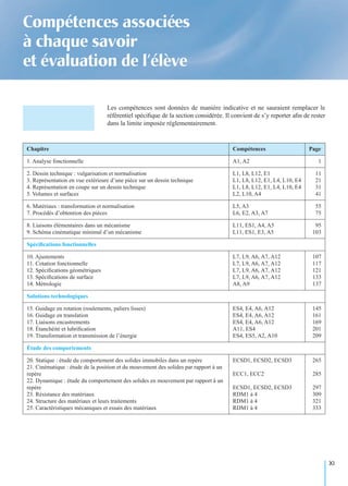 XI
Compétences associées
à chaque savoir
et évaluation de l’élève
Les compétences sont données de manière indicative et ne sauraient remplacer le
référentiel spéciﬁque de la section considérée. Il convient de s’y reporter aﬁn de rester
dans la limite imposée réglementairement.
Chapitre Compétences Page
1. Analyse fonctionnelle A1, A2 1
2. Dessin technique : vulgarisation et normalisation
3. Représentation en vue extérieure d’une pièce sur un dessin technique
4. Représentation en coupe sur un dessin technique
5. Volumes et surfaces
L1, L8, L12, E1
L1, L8, L12, E1, L4, L10, E4
L1, L8, L12, E1, L4, L10, E4
L2, L10, A4
11
21
31
41
6. Matériaux : transformation et normalisation
7. Procédés d’obtention des pièces
L5, A3
L6, E2, A3, A7
55
75
8. Liaisons élémentaires dans un mécanisme
9. Schéma cinématique minimal d’un mécanisme
L11, ES1, A4, A5
L11, ES1, E3, A5
95
103
Spéciﬁcations fonctionnelles
10. Ajustements
11. Cotation fonctionnelle
12. Spéciﬁcations géométriques
13. Spéciﬁcations de surface
14. Métrologie
L7, L9, A6, A7, A12
L7, L9, A6, A7, A12
L7, L9, A6, A7, A12
L7, L9, A6, A7, A12
A8, A9
107
117
121
133
137
Solutions technologiques
15. Guidage en rotation (roulements, paliers lisses)
16. Guidage en translation
17. Liaisons encastrements
18. Étanchéité et lubriﬁcation
19. Transformation et transmission de l’énergie
ES4, E4, A6, A12
ES4, E4, A6, A12
ES4, E4, A6, A12
A11, ES4
ES4, ES5, A2, A10
145
161
169
201
209
Étude des comportements
20. Statique : étude du comportement des solides immobiles dans un repère
21. Cinématique : étude de la position et du mouvement des solides par rapport à un
repère
22. Dynamique : étude du comportement des solides en mouvement par rapport à un
repère
23. Résistance des matériaux
24. Structure des matériaux et leurs traitements
25. Caractéristiques mécaniques et essais des matériaux
ECSD1, ECSD2, ECSD3
ECC1, ECC2
ECSD1, ECSD2, ECSD3
RDM1 à 4
RDM1 à 4
RDM1 à 4
265
285
297
309
321
333
 