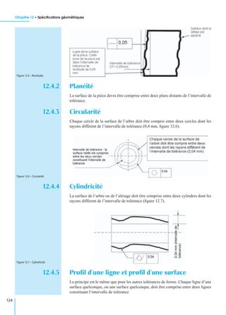 Chapitre 12 • Spéciﬁcations géométriques
124
12.4.2 Planéité
La surface de la pièce devra être comprise entre deux plans distants de l’intervalle de
tolérance.
12.4.3 Circularité
Chaque cercle de la surface de l’arbre doit être compris entre deux cercles dont les
rayons diffèrent de l’intervalle de tolérance (0,4 mm, ﬁgure 12.6).
12.4.4 Cylindricité
La surface de l’arbre ou de l’alésage doit être comprise entre deux cylindres dont les
rayons diffèrent de l’intervalle de tolérance (ﬁgure 12.7).
12.4.5 Proﬁl d’une ligne et proﬁl d’une surface
Le principe est le même que pour les autres tolérances de forme. Chaque ligne d’une
surface quelconque, ou une surface quelconque, doit être comprise entre deux lignes
constituant l’intervalle de tolérance
Figure 12.5 – Rectitude.
Figure 12.6 – Circularité.
Figure 12.7 – Cylindricité.
 