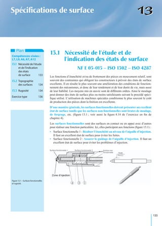 133
1313Spéciﬁcations de surface
Les fonctions d’étanchéité et/ou de frottement des pièces en mouvement relatif, sont
souvent des contraintes qui obligent les constructeurs à prévoir des états de surface
excellents. Il en résulte le plus souvent une amélioration des conditions de fonction-
nement des mécanismes, et donc de leur rendement et de leur durée de vie, mais aussi
de leur ﬁabilité. Les moyens mis en œuvre sont de différents ordres. Ainsi le moulage
peut donner des états de surface plus ou moins satisfaisants suivant le procédé spéci-
ﬁque utilisé. L’utilisation de machines spéciales conditionne le plus souvent le coût
de production des pièces dont la ﬁnition est excellente.
D’une manière générale, les surfaces fonctionnelles doivent présenter un excellent
état de surface tandis que les surfaces non fonctionnelles sont brutes de moulage,
de forgeage, etc. (ﬁgure 13.1 ; voir aussi la ﬁgure 4.14 de l’exercice en ﬁn de
chapitre 4).
Les surfaces fonctionnelles sont des surfaces en contact ou en appui avec d’autres
pour réaliser une fonction particulière. Ici, elles participent aux fonctions (ﬁgure 13.1) :
• Surface fonctionnelle 1 : Réaliser l’étanchéité au niveau de l’aiguille d’injection.
Il faut un excellent état de surface pour éviter les fuites.
• Surface fonctionnelle 2 : Assurer le guidage de l’aiguille d’injection. Il faut un
excellent état de surface pour éviter les problèmes d’injection.
13.1 Nécessité de l’étude et de
l’indication des états de surface
NF E 05-015 – ISO 1302 – ISO 4287
Plan
Compétences visées :
L7,L9,A6,A7,A12
13.1 Nécessité de l’étude
et de l’indication
des états
de surface 133
13.2 Topographie
des surfaces 134
13.3 Rugosité 134
Exercice type 136
Figure 13.1 – Surfaces fonctionnelles
et rugosité.
 