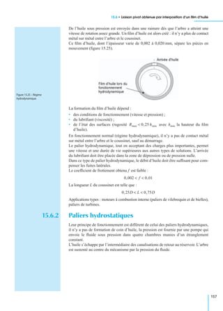 15.6 • Liaison pivot obtenue par interposition d’un ﬁlm d’huile
157
De l’huile sous pression est envoyée dans une rainure dès que l’arbre a atteint une
vitesse de rotation assez grande. Un ﬁlm d’huile est alors créé : il n’y a plus de contact
métal sur métal entre l’arbre et le coussinet.
Ce ﬁlm d’huile, dont l’épaisseur varie de 0,002 à 0,020 mm, sépare les pièces en
mouvement (ﬁgure 15.25).
La formation du ﬁlm d’huile dépend :
• des conditions de fonctionnement (vitesse et pression) ;
• du lubriﬁant (viscosité) ;
• de l’état des surfaces (rugosité avec hmin la hauteur du ﬁlm
d’huile).
En fonctionnement normal (régime hydrodynamique), il n’y a pas de contact métal
sur métal entre l’arbre et le coussinet, sauf au démarrage.
Le palier hydrodynamique, tout en acceptant des charges plus importantes, permet
une vitesse et une durée de vie supérieures aux autres types de solutions. L’arrivée
du lubriﬁant doit être placée dans la zone de dépression ou de pression nulle.
Dans ce type de palier hydrodynamique, le débit d’huile doit être sufﬁsant pour com-
penser les fuites latérales.
Le coefﬁcient de frottement obtenu f est faible :
La longueur L du coussinet est telle que :
Applications types : moteurs à combustion interne (paliers de vilebrequin et de bielles),
paliers de turbines.
15.6.2 Paliers hydrostatiques
Leur principe de fonctionnement est différent de celui des paliers hydrodynamiques,
il n’y a pas de formation de coin d’huile, la pression est fournie par une pompe qui
envoie le ﬂuide sous pression dans quatre chambres munies d’un étranglement
constant.
L’huile s’échappe par l’intermédiaire des canalisations de retour au réservoir. L’arbre
est sustenté au centre du mécanisme par la pression du ﬂuide.
Figure 15.25 – Régime
hydrodynamique.
Rmax 0,25 hmin<
0,002 f 0,01< <
0,25D L 0,75D< <
 