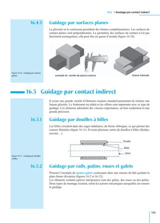 16.5 • Guidage par contact indirect
165
16.4.3 Guidage par surfaces planes
La glissière et le coulisseau possèdent des formes complémentaires. Les surfaces de
contact planes sont prépondérantes. La géométrie des surfaces de contact n’est pas
forcément rectangulaire, elle peut être en queue d’aronde (ﬁgure 16.10).
Il existe une grande variété d’éléments roulants standard permettant de réaliser une
liaison glissière. Le frottement est réduit et les efforts sont importants avec ce type de
guidage. Ces éléments admettent des vitesses importantes, un bon rendement et une
grande précision.
16.5.1 Guidage par douilles à billes
Les billes circulent dans des cages tubulaires, de forme oblongue, ce qui permet des
courses illimitées (ﬁgure 16.11). Il existe plusieurs sortes de douilles à billes (fendue,
ouverte…).
16.5.2 Guidage par rails, patins, roues et galets
Prenons l’exemple de quatre galets coulissants dans une rainure du bâti guidant la
plate-forme élévatrice (ﬁgures 16.2 et 16.12).
Les éléments roulants (pièces interposées) sont des galets, des roues ou des patins.
Deux types de montage existent, selon les actions mécaniques auxquelles est soumis
le guidage.
16.5 Guidage par contact indirect
Figure 16.10 – Guidage par surfaces
planes.
Figure 16.11 – Guidage par douilles
à billes.
 
