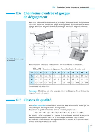 17.6 • Chanfreins d’entrée et gorges de dégagement
177
Lors de la conception de ﬁletages ou de taraudages, aﬁn de permettre le dégagement
des outils, il convient d’usiner des gorges de dégagements et des chanfreins d’entrée
(gorges dans le cas des pièces ﬁletées et chambrages dans le cas des pièces taraudées).
Les dimensions habituelles sont données à titre indicatif dans le tableau 17.2.
Remarque : Il faut à tout prix éviter les angles vifs en fond de gorge aﬁn de diminuer les
risques d’amorces de rupture.
Les classes de qualité déﬁnissent les matériaux pour la visserie de même que les
caractéristiques mécaniques des vis et des goujons.
Les classes de qualité normalisées pour les vis et les goujons sont :
3.3 – 4.6 – 4.8 – 5.6 – 5.8 – 6.6 – 6.8 – 6.9 – 8.8 – 10.9 – 12.9 – 14.9
Le premier chiffre correspond au centième de la résistance minimale à la traction
exprimée en mégapascals (MPa) ou en newtons par millimètre carré (N/mm2).
Le deuxième chiffre multiplié par le premier donne le dixième de la résistance mini-
male d’élasticité en MPa ou en N/mm2.
17.6 Chanfreins d’entrée et gorges
de dégagement
Tableau 17.2 – Dimensions du dégagement d’un outil en fonction du pas (en mm).
Pas 0,5 0,7 0,8 1 1,25 1,5 1,75 2 2,5 3 3,5 4
R1 0,4 0,6 0,6 0,6 1 1 1,2 1,5 1,8 2,2 2,5 2,8
R2 0,2 0,3 0,3 0,3 0,5 0,5 0,6 0,8 0,9 1 1,2 1,4
h 0,4 0,55 0,6 0,75 0,9 1 1,2 1,35 1,65 1,95 2,25 2,55
Tolérances sur R1 et R2 de 0 à + 20 %.
17.7 Classes de qualité
Figure 17.17 – Chanfreins et gorges
de dégagement.
 