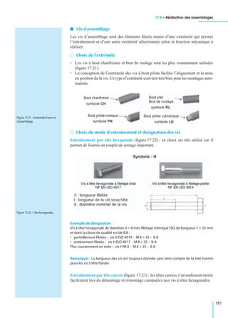 17.8 • Réalisation des assemblages
181
I Vis d’assemblage
Les vis d’assemblage sont des éléments ﬁletés munis d’une extrémité qui permet
l’entraînement et d’une autre extrémité sélectionnée selon la fonction mécanique à
réaliser.
M Choix de l’extrémité
• Les vis à bout chanfreinés et brut de roulage sont les plus couramment utilisées
(ﬁgure 17.21).
• La conception de l’extrémité des vis à bout pilote facilite l’alignement et la mise
en position de la vis. Ce type d’extrémité convient très bien pour les montages auto-
matisés.
M Choix du mode d’entraînement et désignation des vis
Entraînement par tête hexagonale (ﬁgure 17.22) : ce choix est très utilisé car il
permet de fournir un couple de serrage important.
Exemple de désignation
Vis à tête hexagonale de diamètre d = 8 mm, ﬁletage métrique ISO, de longueur ᐉ = 35 mm
et dont la classe de qualité est de 8.8 :
• partiellement ﬁletée :
• entièrement ﬁletée :
Plus couramment on note :
Remarque : La longueur des vis est toujours donnée sans tenir compte de la tête hormis
pour les vis à tête fraisée.
Entraînement par tête carrée (ﬁgure 17.23) : les têtes carrées s’arrondissent moins
facilement lors du démontage et remontage comparées aux vis à têtes hexagonales.
Figure 17.21 – Extrémité d’une vis
d’assemblage.
Figure 17.22 – Tête hexagonale.
vis H ISO 4014 M8 35×– 8.8–
vis H ISO 4017 M8 35×– 8.8–
vis H M 8 M8 35×– 8.8–
 