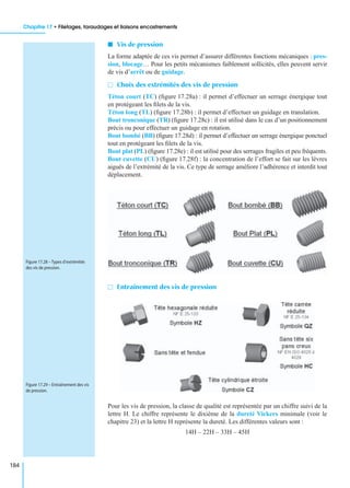 Chapitre 17 • Filetages, taraudages et liaisons encastrements
184
I Vis de pression
La forme adaptée de ces vis permet d’assurer différentes fonctions mécaniques : pres-
sion, blocage… Pour les petits mécanismes faiblement sollicités, elles peuvent servir
de vis d’arrêt ou de guidage.
M Choix des extrémités des vis de pression
Téton court (TC) (ﬁgure 17.28a) : il permet d’effectuer un serrage énergique tout
en protégeant les ﬁlets de la vis.
Téton long (TL) (ﬁgure 17.28b) : il permet d’effectuer un guidage en translation.
Bout tronconique (TR) (ﬁgure 17.28c) : il est utilisé dans le cas d’un positionnement
précis ou pour effectuer un guidage en rotation.
Bout bombé (BB) (ﬁgure 17.28d) : il permet d’effectuer un serrage énergique ponctuel
tout en protégeant les ﬁlets de la vis.
Bout plat (PL) (ﬁgure 17.28e) : il est utilisé pour des serrages fragiles et peu fréquents.
Bout cuvette (CU) (ﬁgure 17.28f) : la concentration de l’effort se fait sur les lèvres
aiguës de l’extrémité de la vis. Ce type de serrage améliore l’adhérence et interdit tout
déplacement.
M Entraînement des vis de pression
Pour les vis de pression, la classe de qualité est représentée par un chiffre suivi de la
lettre H. Le chiffre représente le dixième de la dureté Vickers minimale (voir le
chapitre 23) et la lettre H représente la dureté. Les différentes valeurs sont :
14H – 22H – 33H – 45H
Figure 17.28 – Types d’extrémités
des vis de pression.
Figure 17.29 – Entraînement des vis
de pression.
 