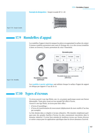 17.9 • Rondelles d’appui
187
Exemple de désignation : Goujon à souder M 12 × 20
Les rondelles d’appui évitent de marquer les pièces en augmentant la surface de contact.
Certaines rondelles permettent entre autre le freinage des vis et des écrous (rondelles
à dents ou Grower), d’autres permettent de créer l’étanchéité.
Les rondelles à portée sphérique sont utilisées lorsque la surface d’appui du support
est oblique par rapport à l’axe de la vis
Un écrou associé à une tige ﬁletée, une vis, un goujon quelconque assure une liaison
démontable. Toute pièce ayant un trou taraudé fait ofﬁce d’écrou.
Associé à une tige ﬁletée, un écrou peut faire ofﬁce :
• d’écrou d’assemblage ;
• d’écrou de transformation de mouvement (déplacement du mors mobile d’un étau
par exemple).
La liste donnée dans ce chapitre n’est pas exhaustive. Elle énumère simplement quel-
ques-unes des grandes familles d’écrous les plus couramment rencontrées dans le
domaine industriel. Il existe bien entendu de nombreux écrous aux formes diverses
et variées conçus pour les applications spéciﬁques dans les divers domaines d’activité.
17.9 Rondelles d’appui
17.10 Types d’écrous
Figure 17.35 – Goujon à souder.
Figure 17.36 – Rondelles.
 