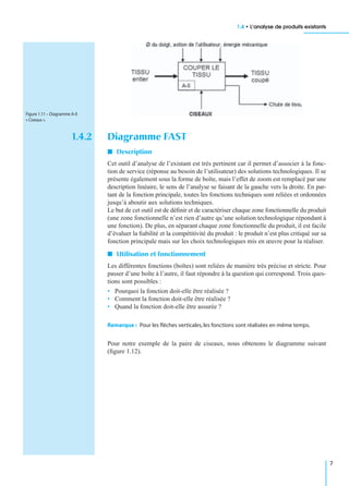 1.4 • L’analyse de produits existants
7
1.4.2 Diagramme FAST
I Description
Cet outil d’analyse de l’existant est très pertinent car il permet d’associer à la fonc-
tion de service (réponse au besoin de l’utilisateur) des solutions technologiques. Il se
présente également sous la forme de boîte, mais l’effet de zoom est remplacé par une
description linéaire, le sens de l’analyse se faisant de la gauche vers la droite. En par-
tant de la fonction principale, toutes les fonctions techniques sont reliées et ordonnées
jusqu’à aboutir aux solutions techniques.
Le but de cet outil est de déﬁnir et de caractériser chaque zone fonctionnelle du produit
(une zone fonctionnelle n’est rien d’autre qu’une solution technologique répondant à
une fonction). De plus, en séparant chaque zone fonctionnelle du produit, il est facile
d’évaluer la ﬁabilité et la compétitivité du produit : le produit n’est plus critiqué sur sa
fonction principale mais sur les choix technologiques mis en œuvre pour la réaliser.
I Utilisation et fonctionnement
Les différentes fonctions (boîtes) sont reliées de manière très précise et stricte. Pour
passer d’une boîte à l’autre, il faut répondre à la question qui correspond. Trois ques-
tions sont possibles :
• Pourquoi la fonction doit-elle être réalisée ?
• Comment la fonction doit-elle être réalisée ?
• Quand la fonction doit-elle être assurée ?
Remarque : Pour les ﬂèches verticales,les fonctions sont réalisées en même temps.
Pour notre exemple de la paire de ciseaux, nous obtenons le diagramme suivant
(ﬁgure 1.12).
Figure 1.11 – Diagramme A-0
« Ciseaux ».
 