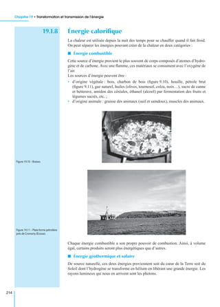 Chapitre 19 • Transformation et transmission de l’énergie
214
19.1.8 Énergie caloriﬁque
La chaleur est utilisée depuis la nuit des temps pour se chauffer quand il fait froid.
On peut séparer les énergies pouvant créer de la chaleur en deux catégories :
I Énergie combustible
Cette source d’énergie provient le plus souvent de corps composés d’atomes d’hydro-
gène et de carbone. Avec une ﬂamme, ces matériaux se consument avec l’oxygène de
l’air.
Les sources d’énergie peuvent être :
• d’origine végétale : bois, charbon de bois (ﬁgure 9.10), houille, pétrole brut
(ﬁgure 9.11), gaz naturel, huiles (olives, tournesol, colza, noix…), sucre de canne
et betterave, amidon des céréales, éthanol (alcool) par fermentation des fruits et
légumes sucrés, etc. ;
• d’origine animale : graisse des animaux (suif et saindoux), muscles des animaux.
Chaque énergie combustible a son propre pouvoir de combustion. Ainsi, à volume
égal, certains produits seront plus énergétiques que d’autres.
I Énergie géothermique et solaire
De source naturelle, ces deux énergies proviennent soit du cœur de la Terre soit du
Soleil dont l’hydrogène se transforme en hélium en libérant une grande énergie. Les
rayons lumineux qui nous en arrivent sont les photons.
Figure 19.10 – Braises.
Figure 19.11 – Plate-forme pétrolière
près de Cromarty (Écosse).
 