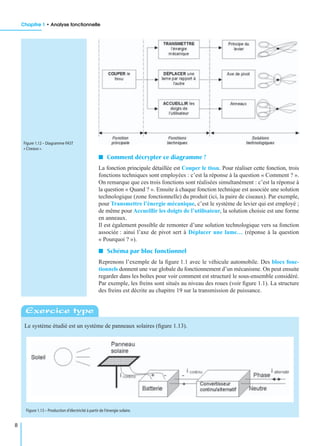 Chapitre 1 • Analyse fonctionnelle
8
I Comment décrypter ce diagramme ?
La fonction principale détaillée est Couper le tissu. Pour réaliser cette fonction, trois
fonctions techniques sont employées : c’est la réponse à la question « Comment ? ».
On remarque que ces trois fonctions sont réalisées simultanément : c’est la réponse à
la question « Quand ? ». Ensuite à chaque fonction technique est associée une solution
technologique (zone fonctionnelle) du produit (ici, la paire de ciseaux). Par exemple,
pour Transmettre l’énergie mécanique, c’est le système de levier qui est employé ;
de même pour Accueillir les doigts de l’utilisateur, la solution choisie est une forme
en anneaux.
Il est également possible de remonter d’une solution technologique vers sa fonction
associée : ainsi l’axe de pivot sert à Déplacer une lame… (réponse à la question
« Pourquoi ? »).
I Schéma par bloc fonctionnel
Reprenons l’exemple de la ﬁgure 1.1 avec le véhicule automobile. Des blocs fonc-
tionnels donnent une vue globale du fonctionnement d’un mécanisme. On peut ensuite
regarder dans les boîtes pour voir comment est structuré le sous-ensemble considéré.
Par exemple, les freins sont situés au niveau des roues (voir ﬁgure 1.1). La structure
des freins est décrite au chapitre 19 sur la transmission de puissance.
Le système étudié est un système de panneaux solaires (ﬁgure 1.13).
Figure 1.12 – Diagramme FAST
« Ciseaux ».
Exercice type
Figure 1.13 – Production d’électricité à partir de l’énergie solaire.
 
