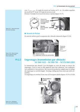 19.2 • La transmission du mouvement
217
avec le couple du ressort sur la pièce en N · m ; j la raideur angulaire
du ressort en N · m/rad ; θ l’angle de torsion en rad.
Prenons l’exemple d’un ressort de torsion à spirale (ﬁgure 19.17).
I Ressorts de ﬂexion
Ils sont très utilisés pour la suspension des véhicules industriels (ﬁgure 19.18).
19.2.2 Engrenages (transmission par obstacle)
NF ISO 1122 – NF ISO 701 – NF EN ISO 2203
La transmission par obstacle s’est développée au cours du temps au travers des
engrenages. Ceux-ci sont en effet appréciés pour leur robustesse, leur rendement,
leur modularité et leur précision. Des moyens de production adaptés pour le taillage
des engrenages se sont développés : brochage, taillage par fraise mère, par outils cré-
maillère…
Un engrenage est constitué d’une roue et d’un pignon dentés (ﬁgures 19.19 et 19.20)
Cressort pièce→
Figure 19.17 – Ressort de torsion
d’un réveil mécanique.
Figure 19.18 – Ressort à lames
pour la suspension arrière
d’une camionnette.
Figure 19.19 – Distribution
d’un moteur diesel de bateau.
 