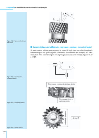 Chapitre 19 • Transformation et transmission de l’énergie
220
I Caractéristiques de taillage des engrenages coniques (renvois d’angle)
Ils sont souvent utilisés pour permettre le renvoi d’angle dans une direction désirée
notamment pour des gains de place (différentiel d’automobile par exemple). La sché-
matisation et les caractéristiques des engrenages coniques sont données ﬁgures 19.25
à 19.27.
Figure 19.24 – Pignon droit à denture
hélicoïdale.
Figure 19.25 – Schématisation
du renvoi conique.
Figure 19.26 – Engrenage conique.
Figure 19.27 – Pignon conique.
 