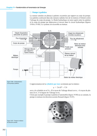Chapitre 19 • Transformation et transmission de l’énergie
252
M Pompe à palettes
Le moteur entraîne un plateau à palettes excentrées par rapport au corps de pompe.
Les palettes coulissent dans des rainures radiales lors de la rotation et frottent contre
l’alésage du corps de pompe. Le ﬂuide hydraulique est ainsi aspiré entre les palettes
et le corps de pompe par dépression et envoyé dans le circuit hydraulique (ﬁgures
19.86 à 19.88). Ce système est réversible en moteur.
L’approximation de la cylindrée par tour est donnée par la relation :
avec q la cylindrée en m3/tr ; R le rayon de l’alésage désaxé en m ; r le rayon du pla-
teau en m ; b la largeur de l’alésage en m.
Citons par exemple la pompe à palettes d’automobile (ﬁgure 19.88) ou sa variante, la
pompe à rouleaux de direction assistée Renault (ﬁgure 19.87).
Figure 19.86 – Schématisation
d’une pompe à palettes.
q 2 π R2 r2–( )b=
Figure 19.87 – Pompe à rouleaux
de direction assistée.
 
