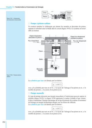 Chapitre 19 • Transformation et transmission de l’énergie
254
M Pompe à pistons radiaux
Un moteur entraîne le vilebrequin qui alterne les montées et descentes du piston,
aspirant et refoulant ainsi le ﬂuide dans le circuit (ﬁgure 19.92). Ce système est réver-
sible en moteur.
La cylindrée par tour est donnée par la relation :
avec q la cylindrée par tour en m3/tr ; r le rayon de l’alésage d’un piston en m ; n le
nombre de pistons ; c la course d’un piston en m.
M Pompe manuelle
Ce type de pompe nécessite une énergie musculaire à l’entrée pour pouvoir aspirer et
refouler (ﬁgure 19.93). La ﬁgure 19.94 représente le maître cylindre d’une voiture.
Celui-ci transforme l’énergie mécanique de la tige de poussée du système d’assistance
de freinage en énergie hydraulique dirigée vers les freins du véhicule.
La cylindrée par tour est donnée par la relation :
avec q la cylindrée par tour en m3/tr ; r le rayon de l’alésage d’un piston en m ; n le
nombre de pistons ; c la course d’un piston en m.
Figure 19.91 – Compresseur
de climatisation d’automobile.
Figure 19.92 – Pompe à pistons
radiaux.
q n π r2 c=
q n π r2 c=
 