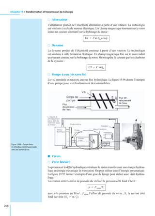 Chapitre 19 • Transformation et transmission de l’énergie
256
M Alternateur
L’alternateur produit de l’électricité alternative à partir d’une rotation. La technologie
est similaire à celle du moteur électrique. Un champ magnétique tournant sur le rotor
induit un courant alternatif sur le bobinage du stator :
M Dynamo
La dynamo produit de l’électricité continue à partir d’une rotation. La technologie
est similaire à celle du moteur électrique. Un champ magnétique ﬁxe sur le stator induit
un courant continu sur le bobinage du rotor. On récupère le courant par les charbons
de la dynamo :
M Pompe à eau (vis sans ﬁn)
La vis, entraînée en rotation, crée un ﬂux hydraulique. La ﬁgure 19.96 donne l’exemple
d’une pompe pour le refroidissement des automobiles.
I Vérins
M Vérin linéaire
La pression et le débit hydraulique entraînent le piston transformant une énergie hydrau-
lique en énergie mécanique de translation. On peut utiliser aussi l’énergie pneumatique.
La ﬁgure 19.97 donne l’exemple d’une grue de levage pour atelier avec vérin hydrau-
lique.
La relation entre la force de poussée du vérin et la pression côté fond s’écrit :
avec p la pression en N/m2 ; Fvérin l’effort de poussée du vérin ; S1 la section côté
fond du vérin ( ).
UI C ω ηa ϕcos=
UI C ω ηd=
Figure 19.96 – Pompe à eau
et refroidissement d’automobile
avec une pompe à eau.
p Fvérin/S1=
S1 π r1
2
=
 