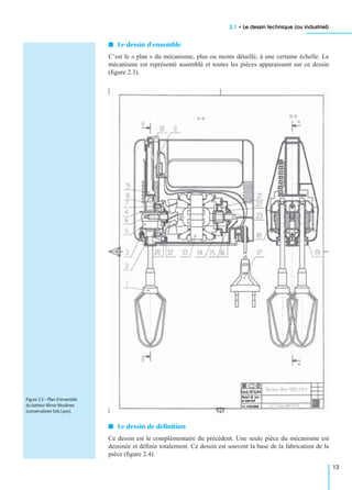 2.1 • Le dessin technique (ou industriel)
13
I Le dessin d’ensemble
C’est le « plan » du mécanisme, plus ou moins détaillé, à une certaine échelle. Le
mécanisme est représenté assemblé et toutes les pièces apparaissent sur ce dessin
(ﬁgure 2.3).
I Le dessin de déﬁnition
Ce dessin est le complémentaire du précédent. Une seule pièce du mécanisme est
dessinée et déﬁnie totalement. Ce dessin est souvent la base de la fabrication de la
pièce (ﬁgure 2.4).
Figure 2.3 – Plan d’ensemble
du batteur Minor Moulinex
(conservatoire Seb,Lyon).
 
