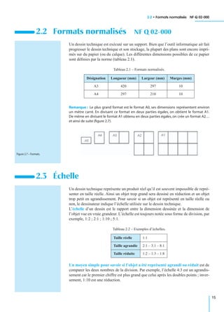 2.2 • Formats normalisés NF Q 02-000
15
Un dessin technique est exécuté sur un support. Bien que l’outil informatique ait fait
progresser le dessin technique et son stockage, la plupart des plans sont encore impri-
més sur du papier (ou du calque). Les différentes dimensions possibles de ce papier
sont déﬁnies par la norme (tableau 2.1).
Remarque : Le plus grand format est le format A0, ses dimensions représentent environ
un mètre carré. En divisant ce format en deux parties égales, on obtient le format A1.
De même en divisant le format A1 obtenu en deux parties égales, on crée un format A2…
et ainsi de suite (ﬁgure 2.7).
Un dessin technique représente un produit réel qu’il est souvent impossible de repré-
senter en taille réelle. Ainsi un objet trop grand sera dessiné en réduction et un objet
trop petit en agrandissement. Pour savoir si un objet est représenté en taille réelle ou
non, le dessinateur indique l’échelle utilisée sur le dessin technique.
L’échelle d’un dessin est le rapport entre la dimension dessinée et la dimension de
l’objet vue en vraie grandeur. L’échelle est toujours notée sous forme de division, par
exemple, 1:2 ; 2:1 ; 1:10 ; 5:1.
Un moyen simple pour savoir si l’objet a été représenté agrandi ou réduit est de
comparer les deux nombres de la division. Par exemple, l’échelle 4:3 est un agrandis-
sement car le premier chiffre est plus grand que celui après les doubles points ; inver-
sement, 1:10 est une réduction.
2.2 Formats normalisés NF Q 02-000
Tableau 2.1 – Formats normalisés.
Désignation Longueur (mm) Largeur (mm) Marges (mm)
A3 420 297 10
A4 297 210 10
2.3 Échelle
Tableau 2.2 – Exemples d’échelles.
Taille réelle 1:1
Taille agrandie 2:1 – 3:1 – 8:1
Taille réduite 1:2 – 1:3 – 1:8
Figure 2.7 – Formats.
 