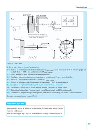 Exercices types
307
I. On se place dans la phase d’accélération.
Q1) Écrivez le vecteur moment résultant de l’action sur le bras de levier R de manière graphique
(échelle ). On le nommera .
Q2) Isolez la meule et faites le bilan des actions mécaniques.
Q3) Appliquez le théorème du moment dynamique en projection sur l’axe x à la meule isolée.
Q4) Résolvez l’équation en déterminant la valeur de .
Q5) Donnez la valeur des caractéristiques que devra posséder l’arbre du motoréducteur.
II. On se place en régime établi, lorsque la meule tourne à vitesse constante.
Q6) Déterminez l’énergie que le moteur absorbe pendant 5 secondes en régime établi.
Q7) Déterminez le travail que l’homme fournit pour affûter son outil sur 100 tours de meule.
Q8) Déterminez l’énergie cinétique emmagasinée par la meule isolée lorsqu’elle tourne à vitesse constante.
Reportez-vous aux réponses pages 357-358.
Déterminez les actions de liaison sur la plate-forme élévatrice et sur la grue d’atelier.
Activités sur Internet :
http://www.listepgm.org – http://sti.ac-Montpellier.fr – http://isabtp.univ-pau.fr
Figure 22.11 – Touret à meuler.
Foutil meule→
1 cm 10 N · m= MB outil meule→
Cmoteur meule→
Pour aller plus loin
 
