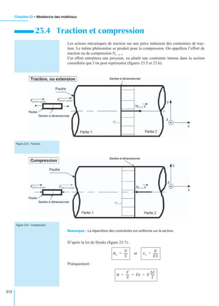 Chapitre 23 • Résistance des matériaux
312
Les actions mécaniques de traction sur une pièce induisent des contraintes de trac-
tion. Le même phénomène se produit pour la compression. On appellera l’effort de
traction ou de compression N2 → 1.
Cet effort entraînera une pression, ou plutôt une contrainte interne dans la section
considérée que l’on peut représenter (ﬁgures 23.5 et 23.6).
Remarque : La répartition des contraintes est uniforme sur la section.
D’après la loi de Hooke (ﬁgure 23.7) :
et
Pratiquement :
23.4 Traction et compression
Figure 23.5 – Traction.
Figure 23.6 – Compression.
σx
N
S
------= εx
N
ES
-------=
σ
F
S
----- Eε E
∆ᐉ
ᐉ
-------= = =
 