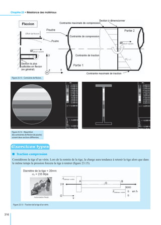 Chapitre 23 • Résistance des matériaux
316
I Traction-compression
Considérons la tige d’un vérin. Lors de la rentrée de la tige, la charge aura tendance à retenir la tige alors que dans
le même temps la pression forcera la tige à rentrer (ﬁgure 23.15).
Figure 23.13 – Contrainte de ﬂexion.
Figure 23.14 – Répartition
des contraintes de ﬂexion de poutres
suivant deux sections différentes.
Exercices types
Figure 23.15 – Traction de la tige d’un vérin.
 