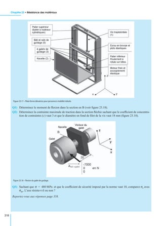 Chapitre 23 • Résistance des matériaux
318
Q1) Déterminez le moment de ﬂexion dans la section en B (voir ﬁgure 23.18).
Q2) Déterminez la contrainte maximale de traction dans la section ﬂéchie sachant que le coefﬁcient de concentra-
tion de contraintes (c) vaut 3 et que le diamètre en fond de ﬁlet de la vis vaut 18 mm (ﬁgure 23.18).
Q3) Sachant que et que le coefﬁcient de sécurité imposé par la norme vaut 10, comparez σe avec
σpe. L’axe résiste-t-il ou non ?
Reportez-vous aux réponses page 358.
Figure 23.17 – Plate-forme élévatrice pour personne à mobilité réduite.
Figure 23.18 – Flexion du galet de guidage.
σ 480 MPa=
 