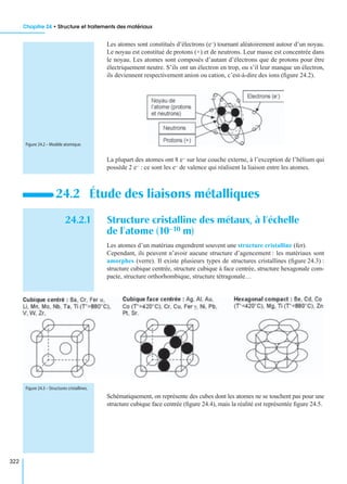 Chapitre 24 • Structure et traitements des matériaux
322
Les atomes sont constitués d’électrons (e−) tournant aléatoirement autour d’un noyau.
Le noyau est constitué de protons (+) et de neutrons. Leur masse est concentrée dans
le noyau. Les atomes sont composés d’autant d’électrons que de protons pour être
électriquement neutre. S’ils ont un électron en trop, ou s’il leur manque un électron,
ils deviennent respectivement anion ou cation, c’est-à-dire des ions (ﬁgure 24.2).
La plupart des atomes ont 8 e− sur leur couche externe, à l’exception de l’hélium qui
possède 2 e− : ce sont les e− de valence qui réalisent la liaison entre les atomes.
24.2.1 Structure cristalline des métaux, à l’échelle
de l’atome (10-10 m)
Les atomes d’un matériau engendrent souvent une structure cristalline (fer).
Cependant, ils peuvent n’avoir aucune structure d’agencement : les matériaux sont
amorphes (verre). Il existe plusieurs types de structures cristallines (ﬁgure 24.3) :
structure cubique centrée, structure cubique à face centrée, structure hexagonale com-
pacte, structure orthorhombique, structure tétragonale…
Schématiquement, on représente des cubes dont les atomes ne se touchent pas pour une
structure cubique face centrée (ﬁgure 24.4), mais la réalité est représentée ﬁgure 24.5.
24.2 Étude des liaisons métalliques
Figure 24.2 – Modèle atomique.
Figure 24.3 – Structures cristallines.
 