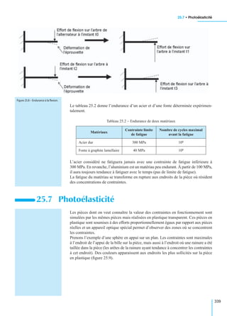 25.7 • Photoélasticité
339
Le tableau 25.2 donne l’endurance d’un acier et d’une fonte déterminée expérimen-
talement.
L’acier considéré ne fatiguera jamais avec une contrainte de fatigue inférieure à
300 MPa. En revanche, l’aluminium est un matériau peu endurant. À partir de 100 MPa,
il aura toujours tendance à fatiguer avec le temps (pas de limite de fatigue).
La fatigue du matériau se transforme en rupture aux endroits de la pièce où résident
des concentrations de contraintes.
Les pièces dont on veut connaître la valeur des contraintes en fonctionnement sont
simulées par les mêmes pièces mais réalisées en plastique transparent. Ces pièces en
plastique sont soumises à des efforts proportionnellement égaux par rapport aux pièces
réelles et un appareil optique spécial permet d’observer des zones où se concentrent
les contraintes.
Prenons l’exemple d’une sphère en appui sur un plan. Les contraintes sont maximales
à l’endroit de l’appui de la bille sur la pièce, mais aussi à l’endroit où une rainure a été
taillée dans la pièce (les arêtes de la rainure ayant tendance à concentrer les contraintes
à cet endroit). Des couleurs apparaissent aux endroits les plus sollicités sur la pièce
en plastique (ﬁgure 25.9).
Tableau 25.2 − Endurance de deux matériaux
Matériaux
Contrainte limite
de fatigue
Nombre de cycles maximal
avant la fatigue
Acier dur 300 MPa 106
Fonte à graphite lamellaire 40 MPa 106
25.7 Photoélasticité
Figure 25.8 – Endurance à la ﬂexion.
 