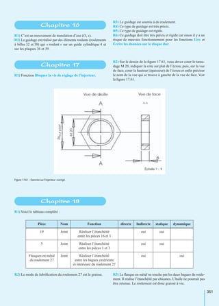 351
R1) C’est un mouvement de translation d’axe (O, x).
R2) Le guidage est réalisé par des éléments roulants (roulements
à billes 32 et 38) qui « roulent » sur un guide cylindrique 4 et
sur les plaques 36 et 39.
R3) Le guidage est soumis à du roulement.
R4) Ce type de guidage est très précis.
R5) Ce type de guidage est rigide.
R6) Ce guidage doit être très précis et rigide car sinon il y a un
risque de mauvais fonctionnement pour les fonctions Lire et
Écrire les données sur le disque dur.
R1) Fonction Bloquer la vis de réglage de l’injecteur.
R2) Sur le dessin de la ﬁgure 17.61, vous devez coter le tarau-
dage M 20, indiquer la cote sur plat de l’écrou, puis, sur la vue
de face, coter la hauteur (épaisseur) de l’écrou et enﬁn préciser
le nom de la vue qui se trouve à gauche de la vue de face. Voir
la ﬁgure 17.61.
R1) Voici le tableau complété :
R2) Le mode de lubriﬁcation du roulement 27 est la graisse. R3) Le ﬂasque en métal ne touche pas les deux bagues du roule-
ment. Il réalise l’étanchéité par chicanes. L’huile ne pourrait pas
être retenue. Le roulement est donc graissé à vie.
Chapitre 16
Chapitre 17
Figure 17.61 – Exercice sur l’injecteur :corrigé.
Chapitre 18
Pièce Nom Fonction directe Indirecte statique dynamique
19 Joint Réaliser l’étanchéité
entre les pièces 16 et 3
oui oui
5 Joint Réaliser l’étanchéité
entre les pièces 1 et 3
oui oui
Flasques en métal
du roulement 27
Joint Réaliser l’étanchéité
entre les bagues extérieure
et intérieure du roulement 27
oui oui
 