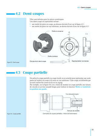4.2 • Demi-coupes
33
Elles sont utilisées pour les pièces symétriques.
Une demi-coupe est représentée suivant :
• une moitié de pièce en coupe, au-dessous du trait d’axe sur la ﬁgure 4.5 ;
• une moitié de pièce en vue extérieure, au-dessus du trait d’axe sur la ﬁgure 4.5.
On utilise la coupe partielle ou coupe locale ou en arraché pour représenter une seule
partie de la pièce en coupe et le reste en vue extérieure. Cette coupe est délimitée par
un trait continu ﬁn à main levée ou en zigzag.
Par exemple, sur la ﬁgure 4.6, on a choisi de montrer en coupe partielle une rainure
de clavette et un trou taraudé borgne pour réaliser la fonction Mettre et maintenir
en position une poulie.
4.2 Demi-coupes
4.3 Coupe partielle
Figure 4.5 – Demi-coupe.
Figure 4.6 – Coupe partielle.
 