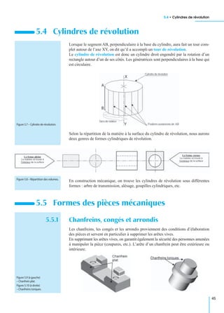 5.4 • Cylindres de révolution
45
Lorsque le segment AB, perpendiculaire à la base du cylindre, aura fait un tour com-
plet autour de l’axe XY, on dit qu’il a accompli un tour de révolution.
Le cylindre de révolution est donc un cylindre droit engendré par la rotation d’un
rectangle autour d’un de ses côtés. Les génératrices sont perpendiculaires à la base qui
est circulaire.
Selon la répartition de la matière à la surface du cylindre de révolution, nous aurons
deux genres de formes cylindriques de révolution.
En construction mécanique, on trouve les cylindres de révolution sous différentes
formes : arbre de transmission, alésage, goupilles cylindriques, etc.
5.5.1 Chanfreins, congés et arrondis
Les chanfreins, les congés et les arrondis proviennent des conditions d’élaboration
des pièces et servent en particulier à supprimer les arêtes vives.
En supprimant les arêtes vives, on garantit également la sécurité des personnes amenées
à manipuler la pièce (coupures, etc.). L’arête d’un chanfrein peut être extérieure ou
intérieure.
5.4 Cylindres de révolution
5.5 Formes des pièces mécaniques
Figure 5.7 – Cylindre de révolution.
Figure 5.8 – Répartition des volumes.
Figure 5.9 (à gauche)
– Chanfrein plat.
Figure 5.10 (à droite)
– Chanfreins toriques.
 