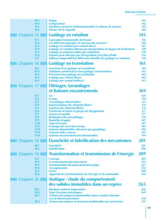 Table des matières
VII
14.3 Peigne 141
14.4 Comparateur 142
14.5 Machine à mesurer tridimensionnelle et colonne de mesure 143
14.6 Mesure de la rugosité 144
Chapitre 15 Guidage en rotation 145
15.1 Expression fonctionnelle du besoin 146
15.2 Les différents principes et moyens mis en œuvre 146
15.3 Guidage en rotation par contact direct 147
15.4 Guidage en rotation obtenu par interposition de bagues de frottement 148
15.5 Guidage en rotation réalisé par roulement 150
15.6 Liaison pivot obtenue par interposition d’un ﬁlm d’huile 156
15.7 Tableau comparatif des différentes familles de guidages en rotation 158
Chapitre 16 Guidage en translation 161
16.1 Fonctions d’un guidage en translation 161
16.2 Solutions constructives d’un guidage en translation 162
16.3 Précision d’un guidage en translation 162
16.4 Guidage par contact direct 163
16.5 Guidage par contact indirect 165
Chapitre 17 Filetages, taraudages
et liaisons encastrements 169
17.1 Vis 169
17.2 Écrous 170
17.3 Assemblages démontables 171
17.4 Représentation des éléments ﬁletés 174
17.5 Cotation des éléments ﬁletés 176
17.6 Chanfreins d’entrée et gorges de dégagement 177
17.7 Classes de qualité 177
17.8 Réalisation des assemblages 178
17.9 Rondelles d’appui 187
17.10 Types d’écrous 187
17.11 Freinage des vis et des écrous 189
17.12 Liaisons démontables obtenues par goupillage 192
17.13 Liaisons arbre-moyeu 193
17.14 Liaisons encastrement non démontables 194
Chapitre 18 Étanchéité et lubriﬁcation des mécanismes 201
18.1 Étanchéité 201
18.2 Lubriﬁcation 206
Chapitre 19 Transformation et transmission de l’énergie 209
19.1 L’énergie 209
19.2 La transmission du mouvement 215
19.3 Transformation du mouvement mécanique 227
19.4 Accouplements 232
19.5 Freins 240
19.6 Appareils de transformation de l’énergie et de commande 243
Chapitre 20 Statique : étude du comportement
des solides immobiles dans un repère 265
20.1 Quelques notions importantes 266
20.2 Types d’actions mécaniques 269
20.3 Actions mécaniques transmissibles dans certaines liaisons
(cas de liaisons parfaites) 270
20.4 Actions mécaniques et moments modélisables par un torseur 271
 