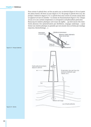 Chapitre 6 • Matériaux
66
Pour extraire le pétrole brut, on fore un puits avec un derrick (ﬁgure 6.14) ou à partir
des plates-formes off shore en mer (ﬁgure 6.15). On pompe le pétrole brut avec des
pompes à balancier (ﬁgure 6.13). Le pétrole brut ainsi extrait est ensuite amené dans
un appareil servant à le distiller : la colonne de fractionnement (ﬁgure 6.16). Chaque
niveau est à une certaine température et correspond à un hydrocarbure particulier.
Beaucoup de matières plastiques sont issues du naphta… qui doit encore être trans-
formé plusieurs fois (polymérisation par distillation, craquage catalytique…) pour
former une matière plastique en granulés qui sera ensuite mise en forme par moulage
(injection, thermoformage…).
Figure 6.13 – Pompe à balancier.
Figure 6.14 – Derrick.
 
