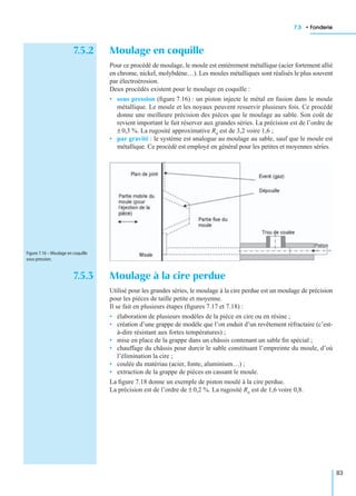 7.5 • Fonderie
83
7.5.2 Moulage en coquille
Pour ce procédé de moulage, le moule est entièrement métallique (acier fortement allié
en chrome, nickel, molybdène…). Les moules métalliques sont réalisés le plus souvent
par électroérosion.
Deux procédés existent pour le moulage en coquille :
• sous pression (ﬁgure 7.16) : un piston injecte le métal en fusion dans le moule
métallique. Le moule et les noyaux peuvent resservir plusieurs fois. Ce procédé
donne une meilleure précision des pièces que le moulage au sable. Son coût de
revient important le fait réserver aux grandes séries. La précision est de l’ordre de
± 0,3 %. La rugosité approximative Ra est de 3,2 voire 1,6 ;
• par gravité : le système est analogue au moulage au sable, sauf que le moule est
métallique. Ce procédé est employé en général pour les petites et moyennes séries.
7.5.3 Moulage à la cire perdue
Utilisé pour les grandes séries, le moulage à la cire perdue est un moulage de précision
pour les pièces de taille petite et moyenne.
Il se fait en plusieurs étapes (ﬁgures 7.17 et 7.18) :
• élaboration de plusieurs modèles de la pièce en cire ou en résine ;
• création d’une grappe de modèle que l’on enduit d’un revêtement réfractaire (c’est-
à-dire résistant aux fortes températures) ;
• mise en place de la grappe dans un châssis contenant un sable ﬁn spécial ;
• chauffage du châssis pour durcir le sable constituant l’empreinte du moule, d’où
l’élimination la cire ;
• coulée du matériau (acier, fonte, aluminium…) ;
• extraction de la grappe de pièces en cassant le moule.
La ﬁgure 7.18 donne un exemple de piston moulé à la cire perdue.
La précision est de l’ordre de ± 0,2 %. La rugosité Ra est de 1,6 voire 0,8.
Figure 7.16 – Moulage en coquille
sous pression.
 