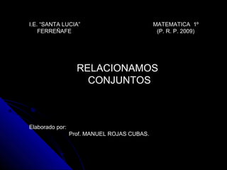 I.E. “SANTA LUCIA” MATEMATICA 1º
FERREÑAFE (P. R. P. 2009)
RELACIONAMOS
CONJUNTOS
Elaborado por:
Prof. MANUEL ROJAS CUBAS.
 