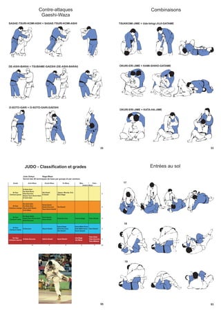 Contre-attaques
Gaeshi-Waza
35
SASAE-TSURI-KOMI-ASHI + SASAE-TSURI-KOMI-ASHI
DE-ASHI-BARAI + TSUBAME-GAESHI (DE-ASHI-BARAI)
O-SOTO-GARI + O-SOTO-GARI-GAESHI
33
Combinaisons
TSUKKOMI-JIME + Ude-Ishigi-JUJI-GATAME
OKURI-ERI-JIME + KAMI-SHIHO-GATAME
OKURI-ERI-JIME + KATA-HA-JIME
JUDO - Classification et grades
95
Judo Gokyo Nage-Waza
Survol des 40 techniques de base par groupe et par ceinture
Grade Ashi-Waza Koshi-Waza Te-Waza Mae- Yoko-
5è Kyu
Ceinture jaune
O-Soto-Gari
De-Ashi-Barai
Hiza-Guruma
Sasae-Tsuri-Komi-Ashi
O-Uchi-Gari
Uki-Goshi
O-Goshi
(Ippon, Morote, Eri)-
Seoi-Nage
8
4è Kyu
Ceinture orange
Ko-Uchi-Gari
Ko-Soto-Gari
Okuri-Ashi-Barai
Uchi-Mata
Harai-Goshi
Goshi-Guruma
Tsuri-Komi-Goshi
Tai-Otoshi 8
3è Kyu
Ceinture verte
Ko-Soto-Gake
Harai-Tsuri-Komi-Ashi
Ashi-Guruma
Tsuri-Goshi
Hane-Goshi
Kata-Guruma Tomoe-Nage Yoko-Otoshi 8
2è Kyu
Ceinture bleue
O-Guruma Utsuri-Goshi
Sukui-Nage
(&Te-Guruma)
Uki-Otoshi
Hane-Maki-Komi
Soto-Maki-Komi
Sumi-Gaeshi
Tani-Otoshi 8
1er Kyu
Ceinture marron
O-Soto-Guruma Ushiro-Goshi Sumi-Otoshi
Ura-Nage
Uki-Waza
Yoko-Gake
Yoko-Guruma
Yoko-Wakare
8
14 9 6 6 5 40
Sutemi-Waza
93
Entrées au sol
19
17
18
 