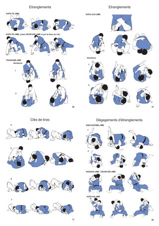 59
Etranglements
KATA-TE-JIME
TSUKKOMI-JIME
KATA-TE-JIME, (mais OKURI-ERI-JIME si par le tissu du col)
Variations
1
2
57
Etranglements
KATA-JUJI-JIME
Variations
1
2
71
Clés de bras
4
5
6
7
69
Dégagements d'étranglements
1
ASHI-GATAME-JIME
HADAKA-JIME / OKURI-ERI-JIME
KATA-HA-JIME
2
 