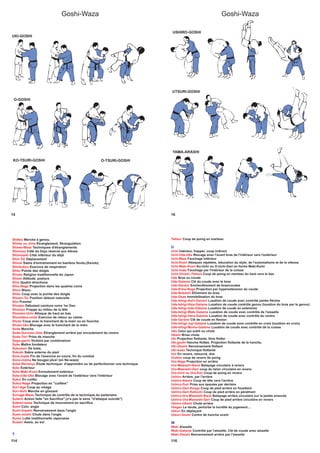 Goshi-Waza
14
O-GOSHI
UKI-GOSHI
KO-TSURI-GOSHI O-TSURI-GOSHI
Goshi-Waza
16
USHIRO-GOSHI
UTSURI-GOSHI
YAMA-ARASHI
114
Shikko Marche à genou,
Shime ou Jime Etranglement, Strangulation
Shime-Waza Techniques d'étranglements
Shimoza Côté du Dojo réservé aux élèves
Shimozeki Côté inférieur du dôjô
Shin-Tai Déplacement
Shinaï Sabre d'entraînement en bambou fendu,(Kendo)
Shinkokyu Exercice de respiration
Shito Pointe des doigts
Shinto Religion traditionnelle du Japon
Shisei Attitude, posture
Shio Quatre directions
Shio-Nage Projection dans les quatres coins
Shiro Blanc.
Shito Coup avec la pointe des doigts
Shizen-Tai Position debout naturelle
Sho Premier
Shodan Débutant ceinture noire 1er Dan
Shomen Frappe au milieu de la tête
Shomen-Uchi Attaque de haut en bas
Shumatsu-undo Exercice de retour au calme
Shuto Coup avec le tranchant de la main ou en fourche
Shuto-Uke Blocage avec le tranchant de la main
Sode Manche
Sode-Guruma-Jime Etranglement arrière par enroulement du revers
Sode-Tori Prise de manche
Sogo-gachi Victoire par combinaison
Soke Maître fondateur
Sokumen De biais,
Sokuto Sabre externe du pied
Sore-made Fin de l'exercice en cours, fin du combat
Sono-mama Ne bougez plus! (en Ne-waza)
Sotai-Renshyu Etude technique: d'apprendre ou de perfectionner une technique
Soto Extérieur
Soto-Maki-Komi Enroulement extérieur
Soto-Ude-Uke Blocage avec l'avant de l'extérieur vers l'intérieur
Sukui En cuiller
Sukui-Nage Projection en "cuillère"
Suri-Age Coup au visage
Suri-Ashi Marche en glissant
Suriage-Waza Technique de contrôle de la technique du partenaire
Sutemi Action faite "en Sacrifice",(n'a pas le sens "d'attaque suicide")
Sutemi-waza Technique de mouvement en sacrifice
Sumi Coin, angle
Sumi-Gaeshi Renversement dans l'angle
Sumi-otoshi Chute dans l'angle
Sumo Lutte traditionnelle Japonaise
Suwari Assis, au sol
T
116
Tettsui Coup de poing en marteau
U
Uchi Intérieur, frapper, coup indirect
Uchi-Ude-Uke Blocage avec l'avant bras de l'intérieur vers l'extérieur
Uchi-Mata Fauchage intérieur
Uchi-Komi Attaques répétées, éducation du style, de l'automatisme et de la vitesse
Uchi-Maki-Komi Ko-Uchi ou O-Uchi-Gari en forme Maki-Komi
Uchi-mata Fauchage par l'intérieur de la cuisse
Uchi-Oroshi (Tetsui) Coup de poing en marteau du haut vers le bas
Ude Bras ou coude
Ude-Gatame Clé du coude avec le bras
Ude-Garami Enchevêtrement de bras/coudes
Ude-Kime-Nage Projection par hyperextension du coude
Ude-Nobashi Etirement du bras
Ude-Osae Immobilisation du bras
Ude-Ishigi-Ashi-Garami Luxation de coude avec contrôle jambe fléchie
Ude-Ishigi-Hiza-Gatame Luxation de coude contrôle genou (luxation du bras par le genou)
Ude-Ishigi-Ude-Gatame Luxation de coude en extension
Ude-Ishigi-Waki-Gatame Luxation de coude avec contrôle de l'aisselle
Ude-Ishigi-Hara-Gatame Luxation de coude avec contrôle du ventre
Ude-Garami Clé de coude en flexion
Ude-Ishigi-Juji-Gatame Luxation de coude avec contrôle en croix (luxation en croix)
Ude-Ishigi-Momo-Gatame Luxation de coude avec contrôle de la cuisse
Uke Celui qui subit ou chute
Ukemi Brise chute
Uki Projection flottante, faire flotter
Uki-goshi Hanche flottée. Projection flottante de la hanche,
Uki-Otoshi Renversement flottant
Uki-waza Technique flottante
Ura En revers, retourné, dos
Uraken coup de revers de poing
Ura-Nage Projection en arrière
Ura-Mawashi-Barai Balayage circulaire à revers
Ura-Mawashi-Geri coup du talon circulaire en revers
Ura-Uchi ou Ura-Ken Coup de poing en revers
Ushiro Arrière, par l'arrière
Ushiro-Atama Coup de tête vers l'arrière
Ushiro-Dori Prise aux épaules par derrière
Ushiro-Geri-Keage Coup de pied arrière en fouettant
Ushiro-Geri-Keikomi Coup de pied arrière en pénétrant
Ushiro-Ura-Mawashi-Barai Balayage arrière circulaire sur la jambe avancée
Ushiro-Ura-Mawashi-Geri Coup de pied arrière circulaire en revers
Ushiro-Ukemi Chute arrière
Utagau Le doute, perturbe la lucidité du jugement....
Utsuri En déplaçant
Utsuri-Goshi Contre de hanche avant
W
Waki Aisselle
Waki-Gatame Contrôle par l'aisselle, Clé de coude avec aisselle
Waki-Otoshi Renversement arrière par l'aisselle
 